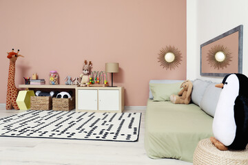 Wall Mural - Montessori bedroom interior with floor bed and toys