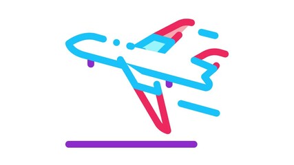 Poster - Take Off Airplane Airport Icon Animation. color Passenger Airplane Flying Along Route Concept Linear Pictogram. Air Transport Aircraft animated icon on white background