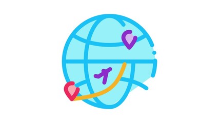 Poster - international world flight icon animation. color airplane on globe direction concept linear pictogra