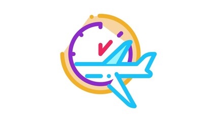 Poster - Plane Fly Time Or Lateness Icon Animation. color Flying Airplane And Time Clock Watch Concept Linear Pictogram. Air Transport Aircraft animated icon on white background