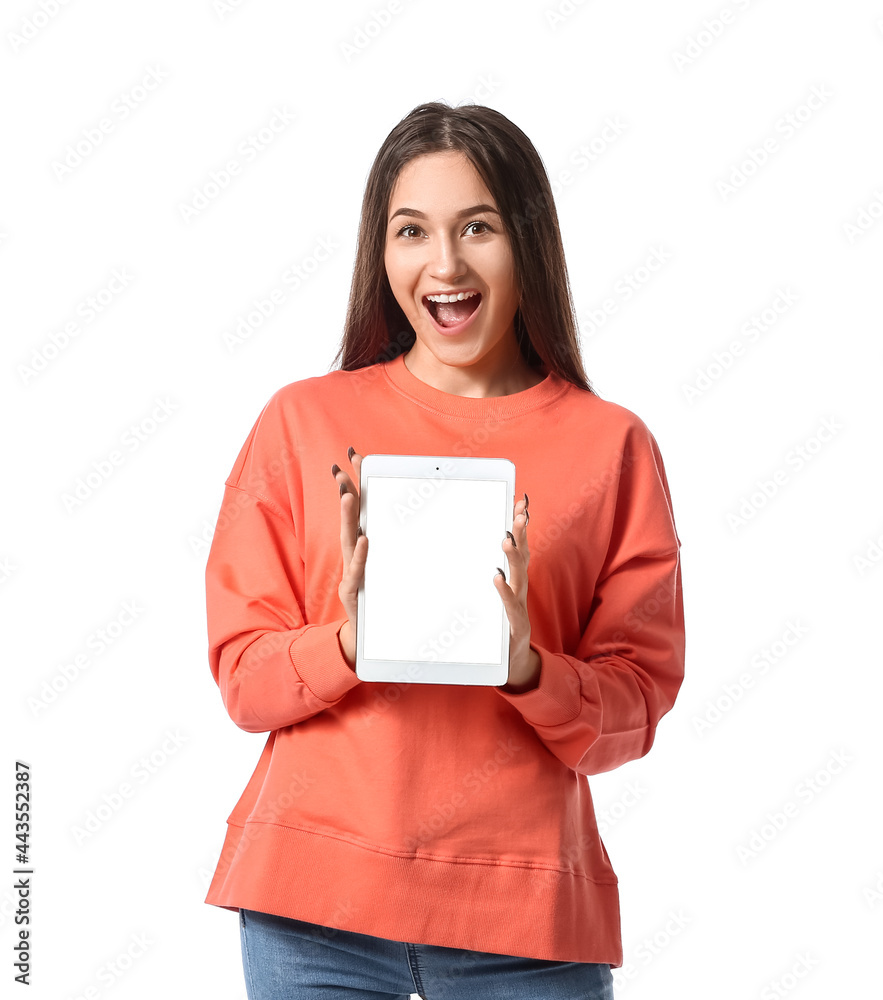 Happy young woman with tablet computer on white background