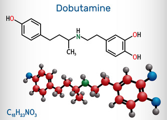 Canvas Print - Dobutamine molecule. It is synthetic catecholamine, used as cardiotonic agent after cardiac surgery and for severe heart failure. Structural chemical formula, molecule model