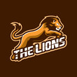 Lion mascot logo design vector with modern illustration concept style for badge, emblem and t shirt printing. Lion jump illustration.