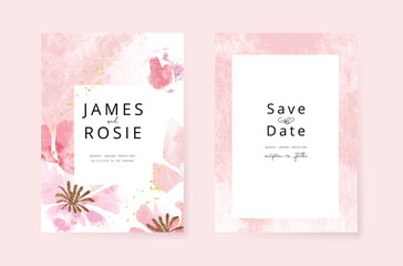 Wall Mural - Minimal pink tropical Wedding Invitation, floral invite thank you, rsvp modern card Design in  watercolor flower and leaf with golden line decorative Vector elegant rustic template