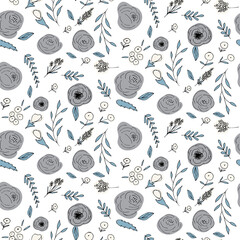 Poster - Floral vector seamless pattern with  flowers and leaves. Beautiful hand drawn flowers in  light pastel colors in vintage style.