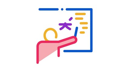 Aufkleber - Foreign Language Teacher Icon Animation. color Human Teacher Pointing On Blackboard Concept Linear Pictogram. Education animated icon on white background