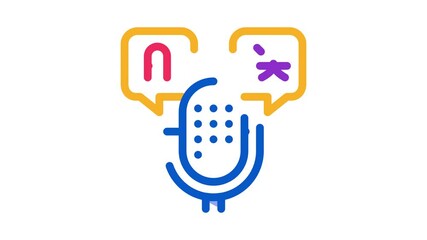 Sticker - Microphone Voice Device Icon Animation. color Microphone Interpreter And Alphabet Letters In Quote Frame animated icon on white background