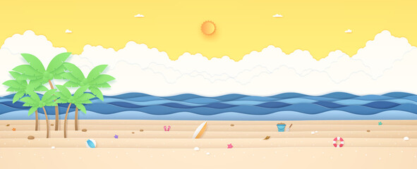 Wall Mural - Summer Time, tropical landscape, coconut trees and summer stuff on beach with wavy sea, bright sun and orange sunny sky, paper art style