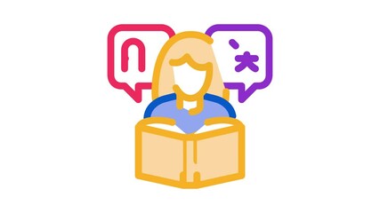 Aufkleber - Woman Learning Language Icon Animation. color Girl With Dictionary Reading Book For Study Foreign Language animated icon on white background