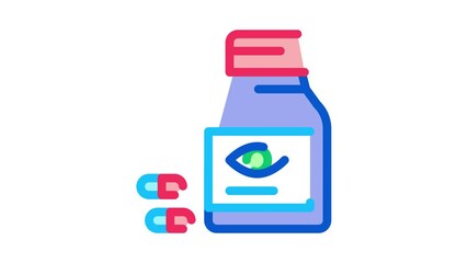 Poster - Bottle With Pills For Eyes Icon Animation. color Biologically Active Supplement Medication Pills Package animated icon on white background