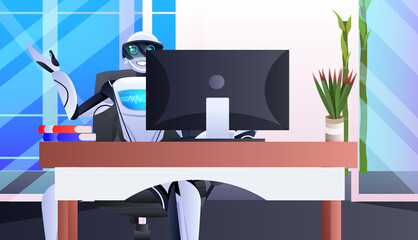 Poster - robot sitting at workplace robotic businessperson working in office artificial intelligence technolo