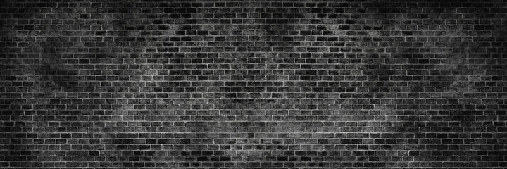 Poster - Panorama old black brick texture detail background. Paint brickwork wall and copy space.