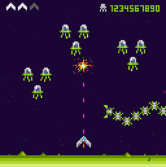 Wall Mural - pixel art 8 bit arcade video game design with space ships and ufo aliens vector template. retro vide