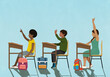 © fStop - School children with arms raised at classroom desks