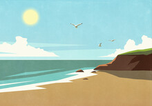 Seagulls Flying Over Sunny Tranquil Ocean Beach
