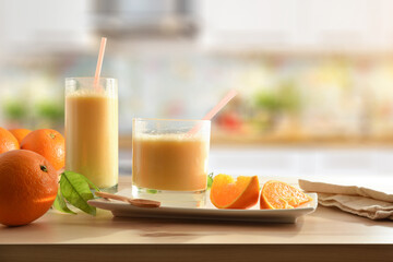 Wall Mural - Orange milkshake with fruits on table kitchen background