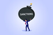 Sanctions vector concept. Businessman carrying a big bomb with sanctions text
