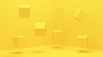 Poster - 3D Cube levitates in the corner of the Yellow Room. Minimal modern motion design. Abstract animation