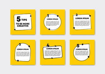 Set collection of 6 square banners with sample text. Yellow and white social media post grid templates with copy space. Heading, post and quote frames. Presentation, brochure, card design.