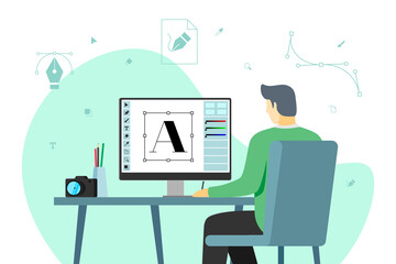 man graphic designer work at computer in workplace. male creative specialist freelancer or advertisi