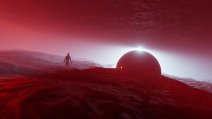 Wall Mural - Sci-fi landscape digital  background. Magician walking on land with colorful moon