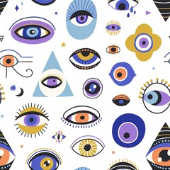 Aufkleber - Seamless mystic pattern with evil eyes in doodle style. Endless repeating texture with different esoteric eyeballs. Occult spiritual background. Colored flat vector illustration of decor for printing