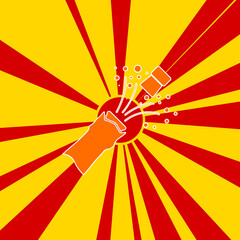Poster - champagne opening symbol on a background of red flash explosion radial lines. a large orange symbol 