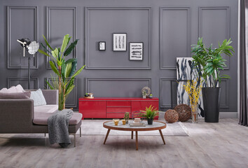 Grey living room television unit with sofa, home decoration modern background wall, green plant style.