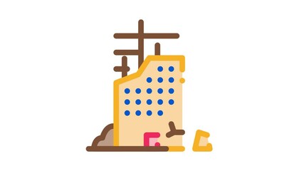 Sticker - Ruined Building Icon Animation. color Ruined Building animated icon on white background