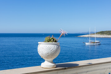 Tranquil seascape with a flowering Cactus in a white stone vase on a balcony in front of the ocean, with a boat passing by