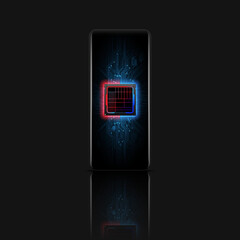 Poster - Futuristic microchip processor on the phone. Quantum phone, big data processing, database concept.