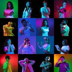 Portrait of group of people on multicolored background in neon light, collage.