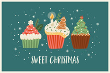 Christmas and Happy New Year illustration with christmas sweets. Vector design template.