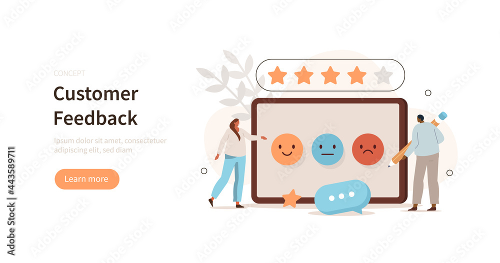 People сharacters giving feedback and choosing emoji to show satisfaction rating. Customer service and user experience concept. Flat cartoon vector illustration. - obrazy, fototapety, plakaty 