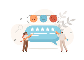 Wall Mural - People сharacters giving five star feedback and writing review comments. Clients choosing satisfaction rating. Customer service and user experience concept. Flat cartoon vector illustration.