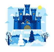 Cartoon Snowy Farytale Palace. Medieval Castle On Winter Landscape - Flat Cartoon Vector Illustration