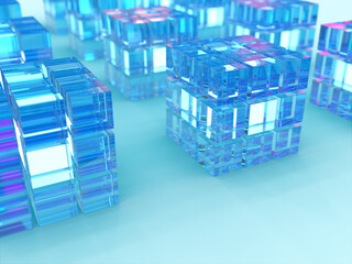 Aufkleber - 3D rendered stacked blue transparent cubes in a square shape on a light blue background. Illustration for virtual mining, cyberspaces, or digital technology. Illustration for cryptographic structures.