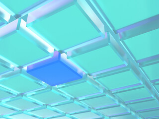 Aufkleber - 3D rendered bright cubes in order with one highlighted blue square on light blue background. Illustration for blockchain technology, data storage, or digital transfer. Illustration for crypto currency