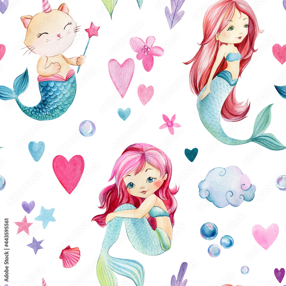 Seamless pattern, baby background with mermaids and cat, bubbles ...