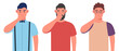 Three different men holding fingers on nose. Covering breath with hand for bad smell. Character set. Vector illustration.