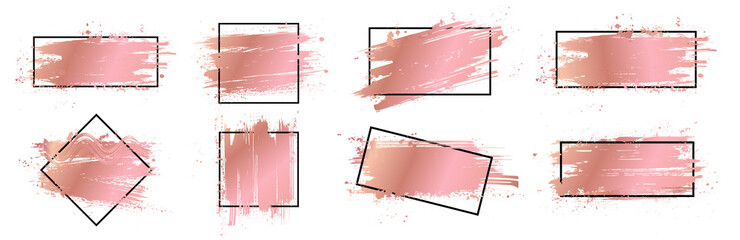 Fototapete - Template for title or logo in gold rose color. Brush stroke set with frame for text. Dirty artistic design for background. Boxes grunge with frame for text. Gold rose splashes for poster, logo. Vector
