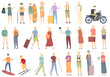 Retirement travel icons set cartoon vector. Health insurance safety. Medical home policy