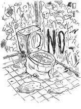 Dirty Disgusting Toilet Interior With Scribbled Walls And Stained Floors. Vector Illustration