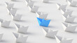 Leadership concept, blue leader boat, standing out from the crowd of white boats, on white background. 3D Rendering