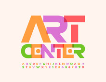 Vector Creative Emblem Art Center. Colorful Alphabet Letters And Numbers Set. Futuristic Style Font