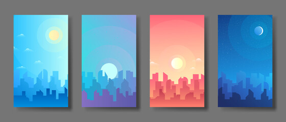 Morning, day and night city skyline landscape, town buildings in different time and urban cityscape town sky. Daytime cityscape. Architecture silhouette background collage set. Flat design