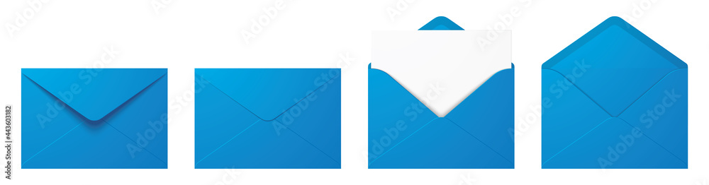 Vector set of realistic blue envelopes in different positions. Opened and closed envelope mockup isolated on a white background. - obrazy, fototapety, plakaty 