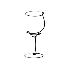Red Wine Wineglass On White Background. Graphic Arts Sketch Design. Black One Line Drawing Style. Hand Drawn Image. Alcohol Drink Concept For Restaurant, Cafe, Party. Freehand Drawing Style