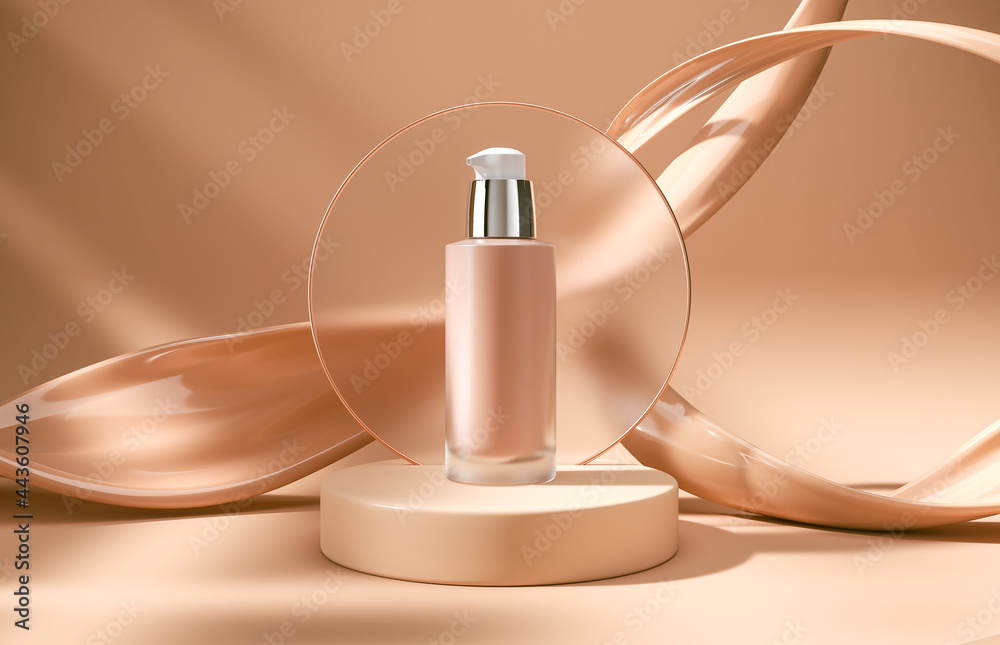 Foundation container mockup, cosmetic bottle package design on 3d scene podium background, 3d rendering - obrazy, fototapety, plakaty 