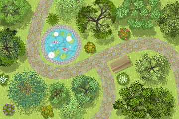 Wall Mural - Vector illustration. Landscape design. Top view. Pond, path, trees and flowers. View from above.
